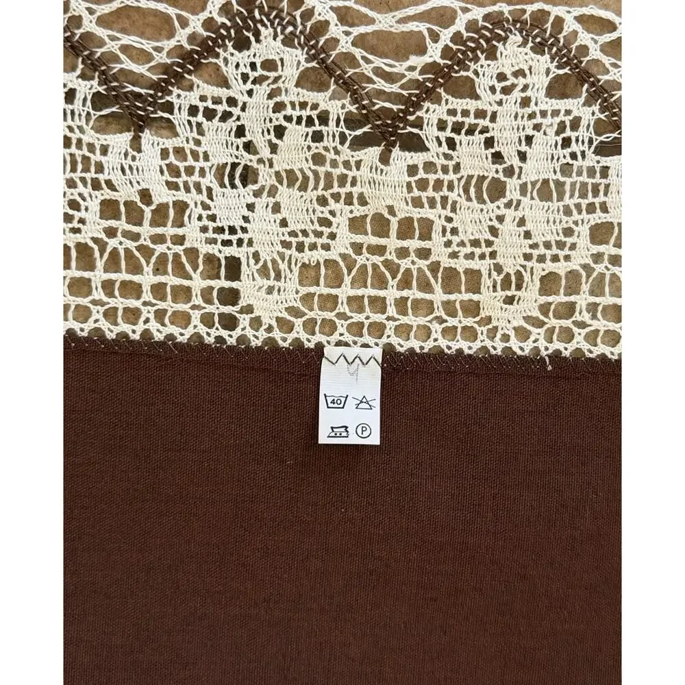 Vintage Brown Linen Centerpiece Handmade Lace Border Cottage Farmhouse Table Top